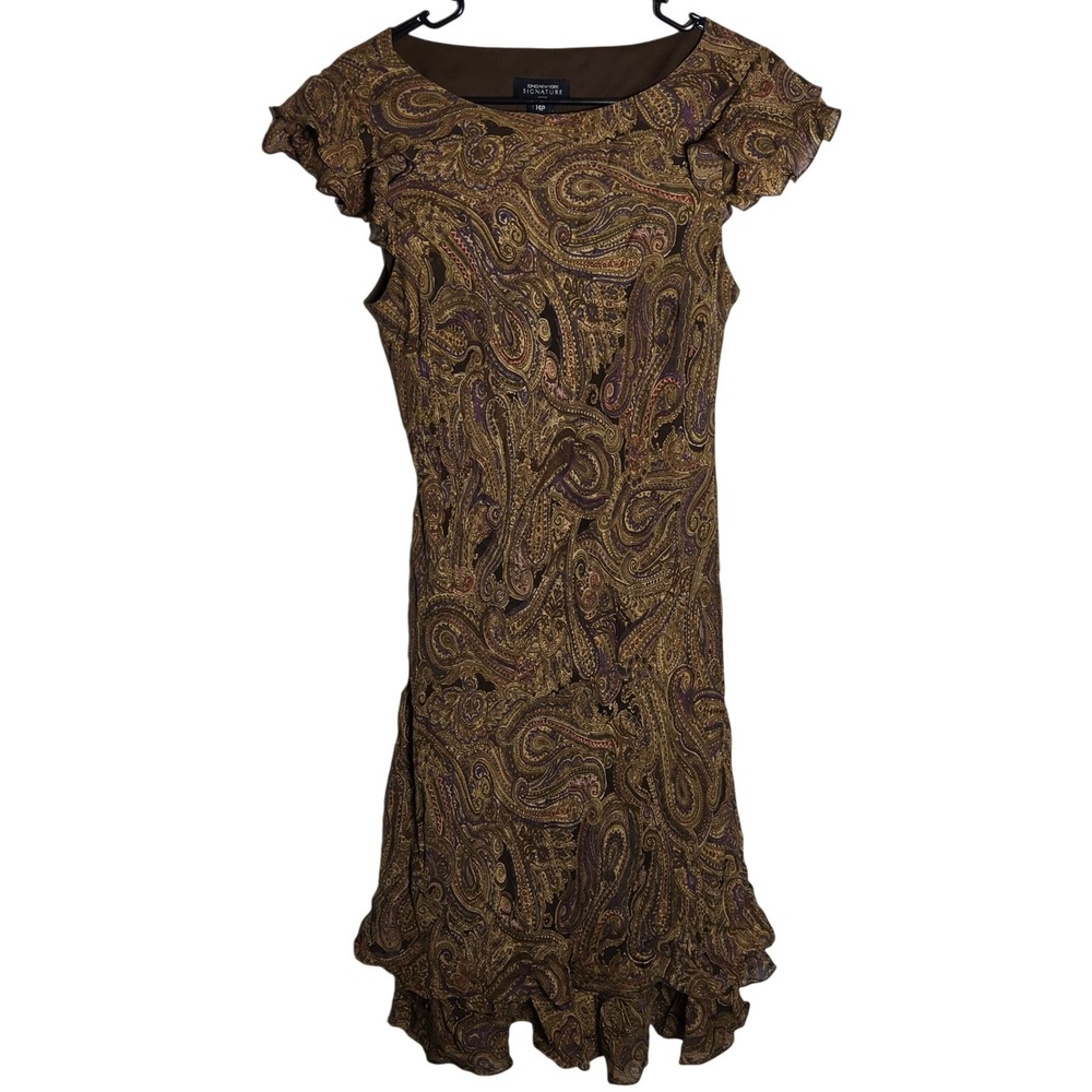 Jones New York Signature Brown Silk Paisley Dress 14P Petite Boho Classic Date